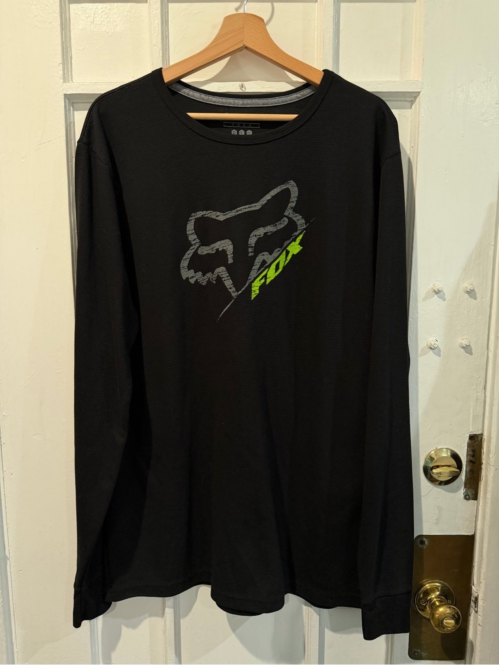Fox Black Long Sleeve Tee with Gray Fox Head and Neon Green Accent